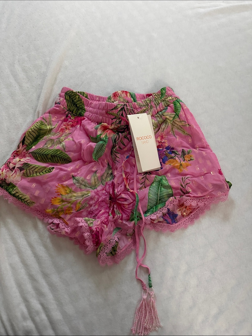 Rococo Sand Pink Floral Lace-Trim Tassel Shorts